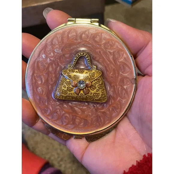 Rare Vintage Mini Make Up Mirror Golden Metal Crystal Purse Royal Mid Century - Picture 6 of 8